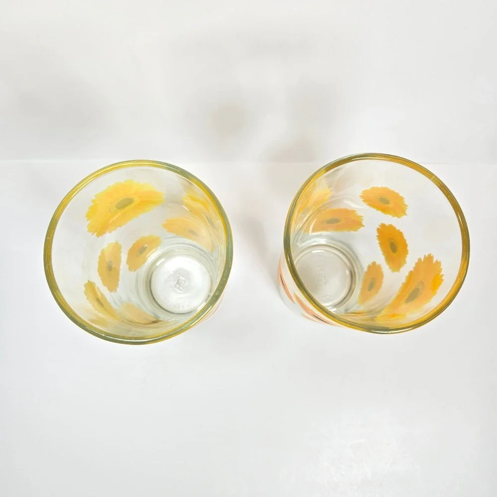 Vintage KIG Indonesia Sunflowers Daisies Drinking Glass Tumblers 10oz Flowers FG